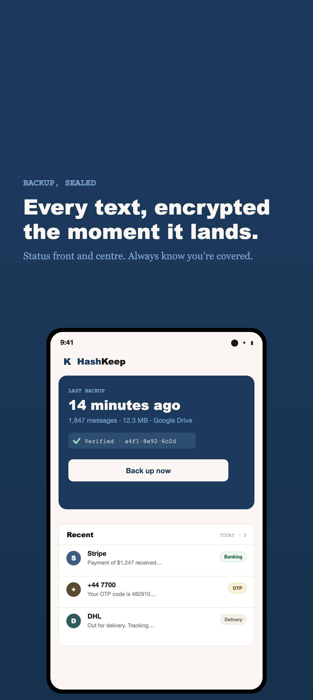 HashKeep home screen showing a verified encrypted backup